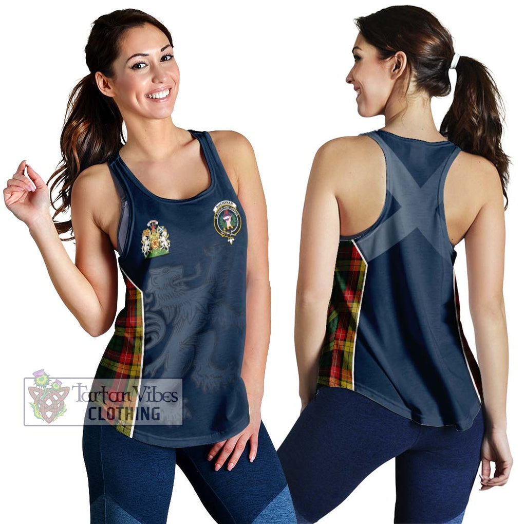 Buchanan Tartan Women's Racerback Tanks with Family Crest and Lion Rampant Vibes Sport Style 4XL - Tartan Vibes Clothing