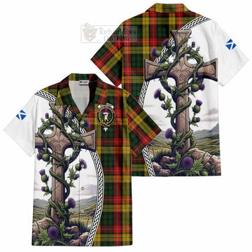 Tartan Vibes Clothing Buchanan Tartan Short Sleeve Button Shirt with Family Crest and St. Andrew's Cross Accented by Thistle Vines