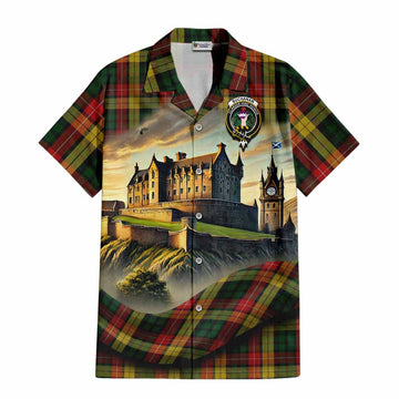Tartan Vibes Clothing Buchanan Tartan Family Crest Short Sleeve Button Shirt with Scottish Ancient Castle Style