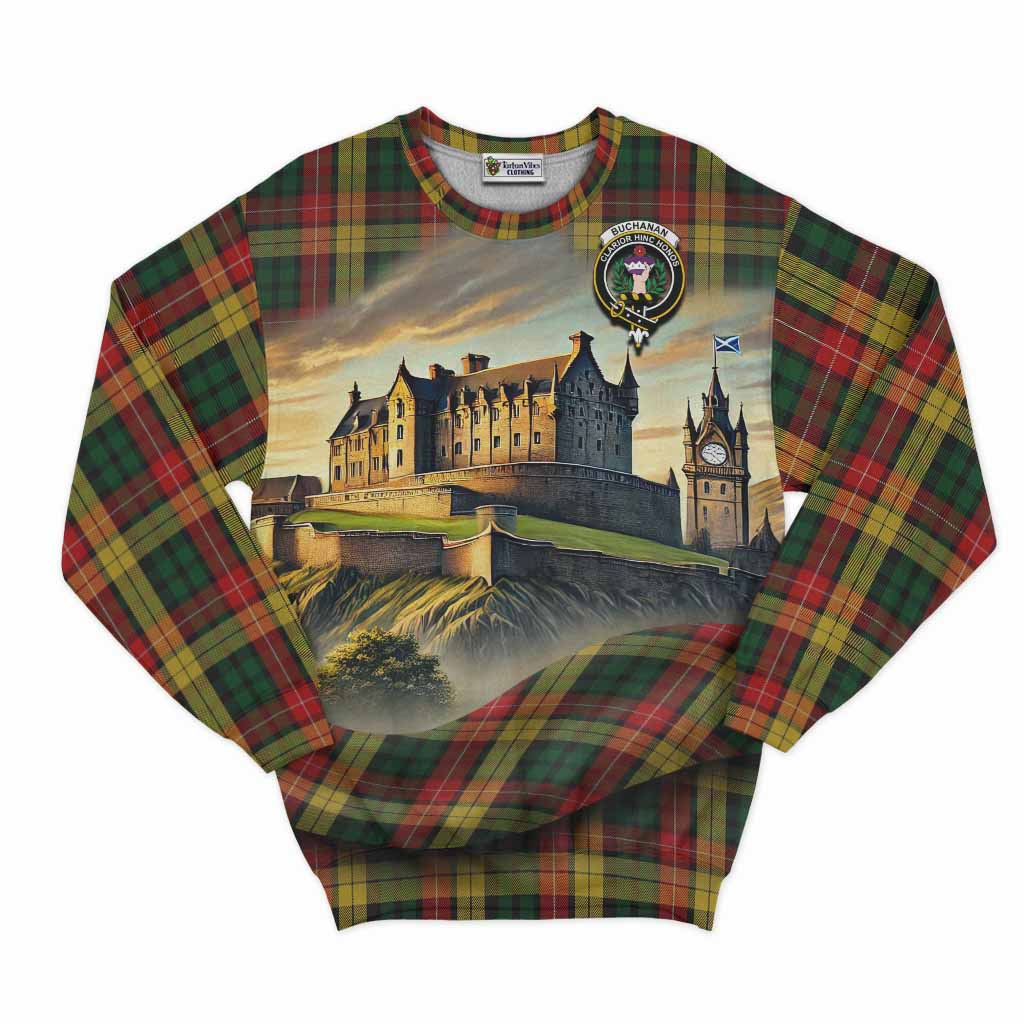 Tartan Vibes Clothing Buchanan Tartan Family Crest Sweatshirt with Scottish Ancient Castle Style