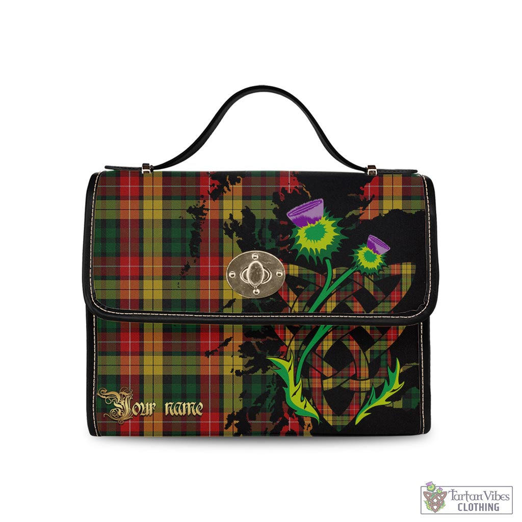 Buchanan Tartan Waterproof Canvas Bag with Scotland Map and Thistle Celtic Accents Black Leather Strap One Size 10.5*20*27cm - Tartan Vibes Clothing