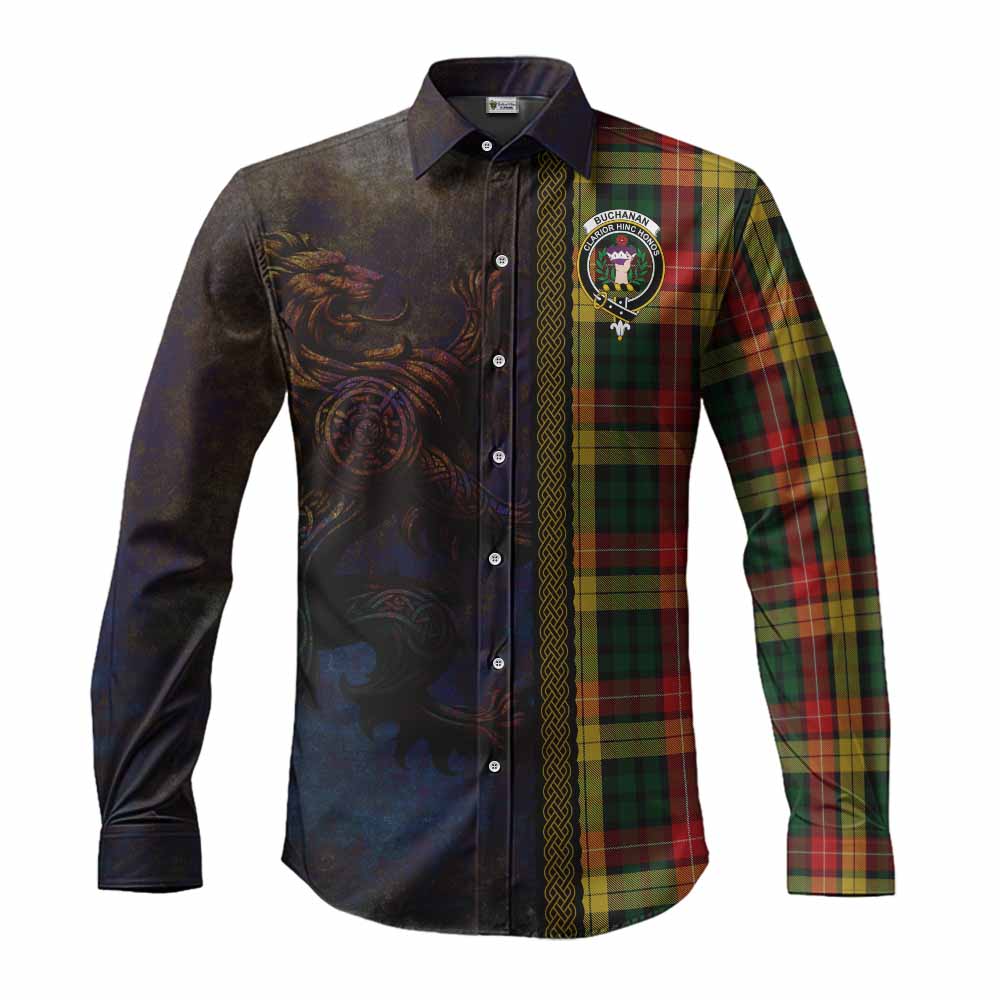 Tartan Vibes Clothing Buchanan Tartan Family Crest Long Sleeve Button Shirt Alba Gu Brath Be Brave Lion Ancient Style