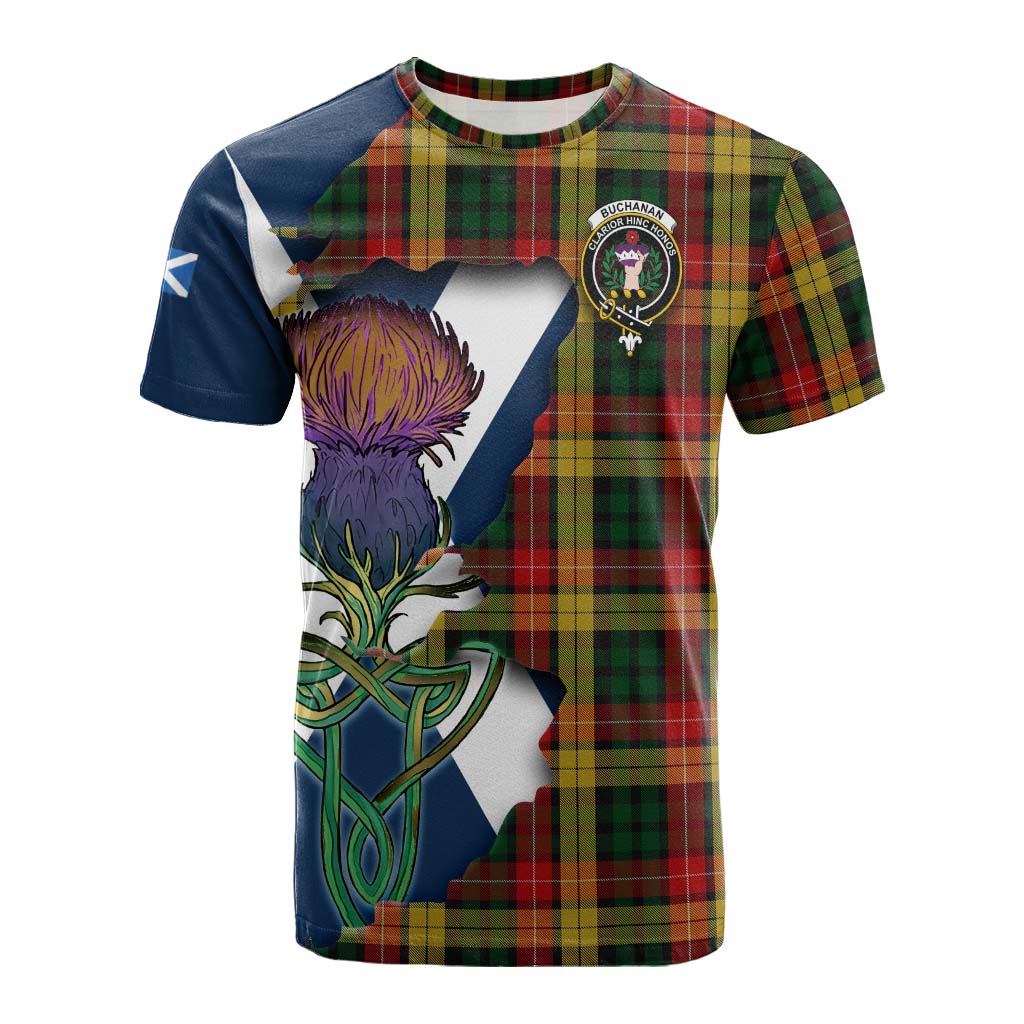 Tartan Vibes Clothing Buchanan Tartan Family Crest Cotton T-shirt Scottish Thistle Celtic Inspired