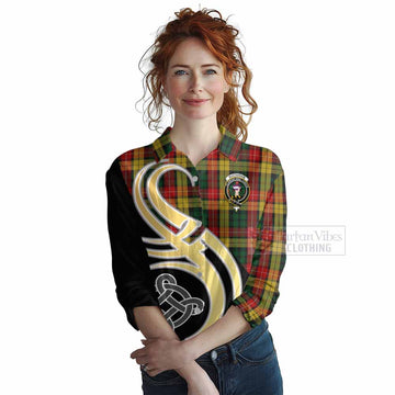 Tartan Vibes Clothing Buchanan Tartan Women's Casual Shirt with Family Crest and Celtic Symbol Style