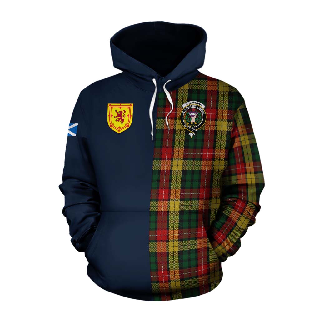 Tartan Vibes Clothing Buchanan Tartan Cotton Hoodie Alba with Scottish Lion Royal Arm Half Style