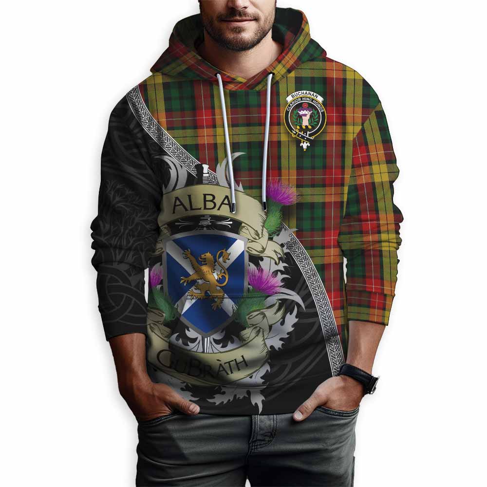 Tartan Vibes Clothing Buchanan Tartan Family Crest Hoodie Lion Rampant Royal Thistle Shield Celtic Inspired