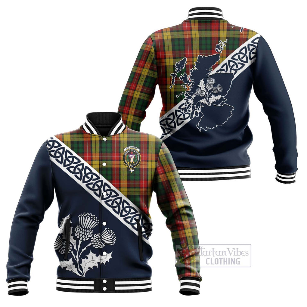 Tartan Vibes Clothing Buchanan Tartan Baseball Jacket Featuring Thistle and Scotland Map