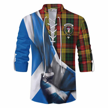 Tartan Vibes Clothing Buchanan Tartan Ghillie Kilt Shirt with Family Crest Scotland Patriotic Style