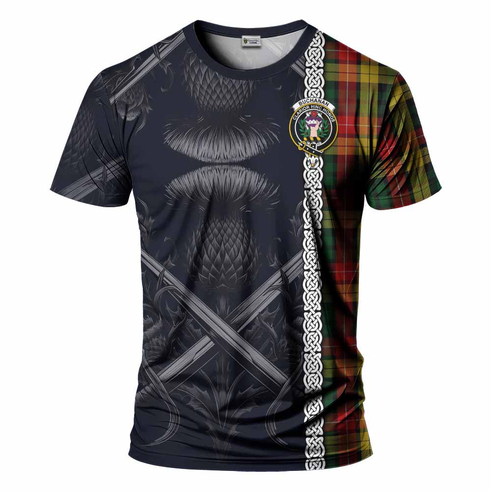 Tartan Vibes Clothing Buchanan Tartan T-Shirt with Family Crest Cross Sword Thistle Celtic Vibes