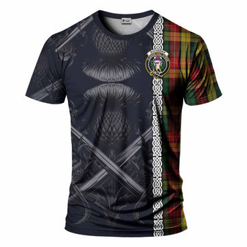 Tartan Vibes Clothing Buchanan Tartan T-Shirt with Family Crest Cross Sword Thistle Celtic Vibes
