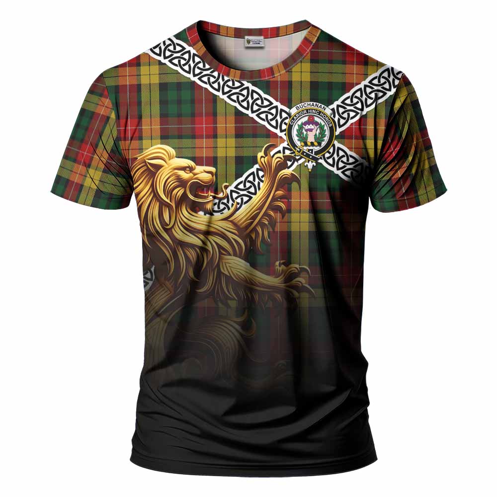Tartan Vibes Clothing Buchanan Crest Tartan T-Shirt with Golden Lion Emblem Celtic Style