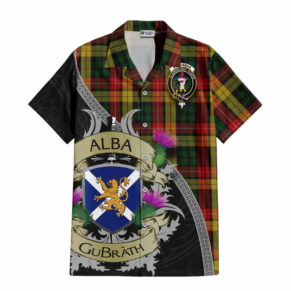 Tartan Vibes Clothing Buchanan Tartan Family Crest Short Sleeve Button Shirt Lion Rampant Royal Thistle Shield Celtic Inspired