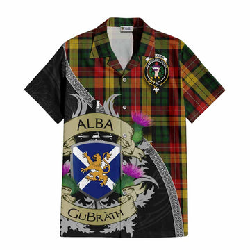 Tartan Vibes Clothing Buchanan Tartan Family Crest Short Sleeve Button Shirt Lion Rampant Royal Thistle Shield Celtic Inspired