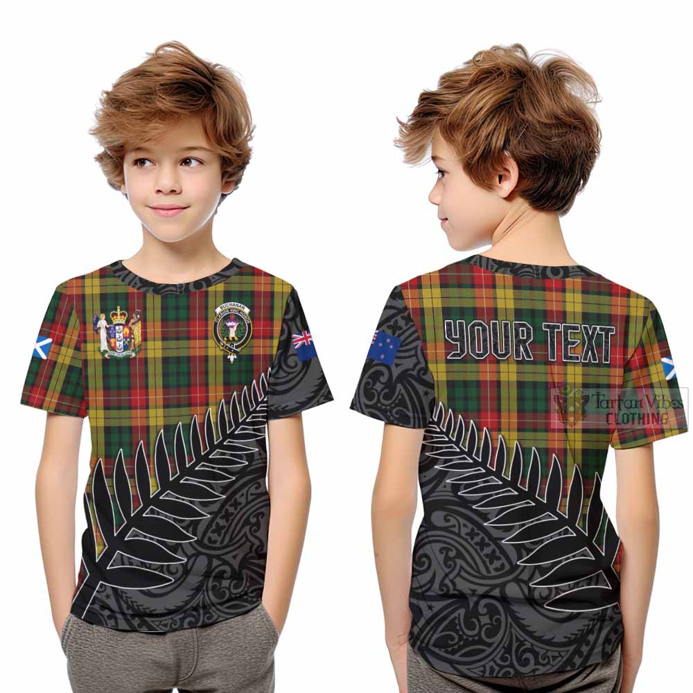 Tartan Vibes Clothing Buchanan Crest Tartan Kid T-Shirt with New Zealand Silver Fern Half Style