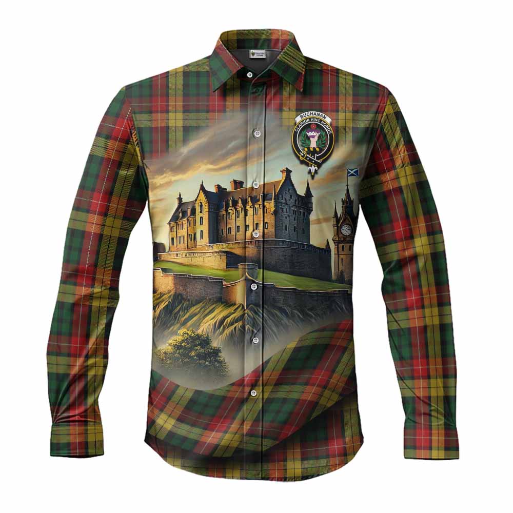 Tartan Vibes Clothing Buchanan Tartan Family Crest Long Sleeve Button Shirt with Scottish Ancient Castle Style