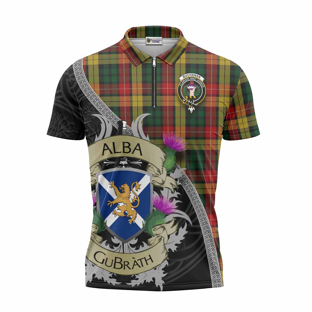 Tartan Vibes Clothing Buchanan Tartan Family Crest Zipper Polo Shirt Lion Rampant Royal Thistle Shield Celtic Inspired
