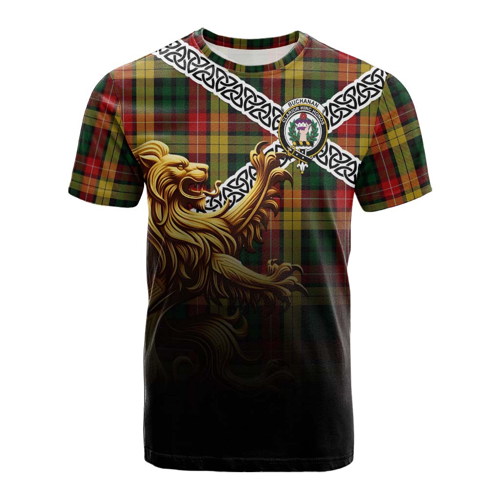 Tartan Vibes Clothing Buchanan Crest Tartan Cotton T-shirt with Golden Lion Emblem Celtic Style