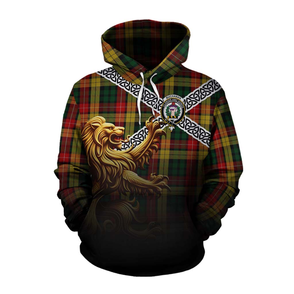 Tartan Vibes Clothing Buchanan Crest Tartan Cotton Hoodie with Golden Lion Emblem Celtic Style