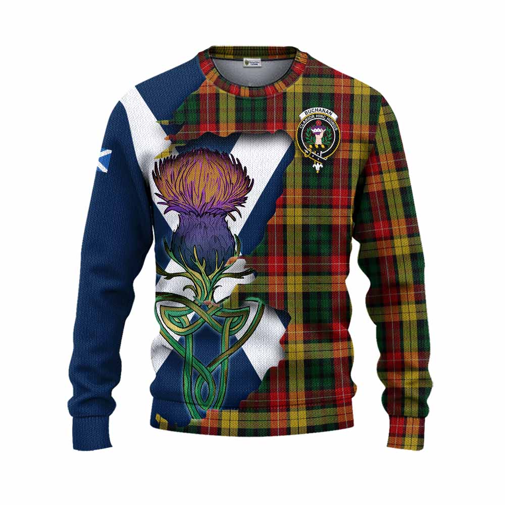 Tartan Vibes Clothing Buchanan Tartan Family Crest Knitted Sweater Scottish Thistle Celtic Inspired