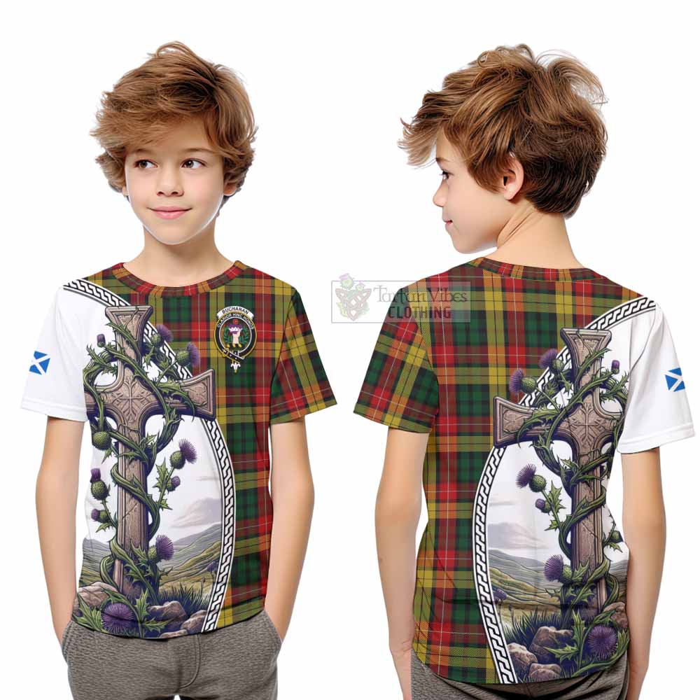 Tartan Vibes Clothing Buchanan Tartan Kid T-Shirt with Family Crest and St. Andrew's Cross Accented by Thistle Vines
