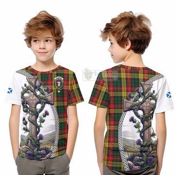 Tartan Vibes Clothing Buchanan Tartan Kid T-Shirt with Family Crest and St. Andrew's Cross Accented by Thistle Vines