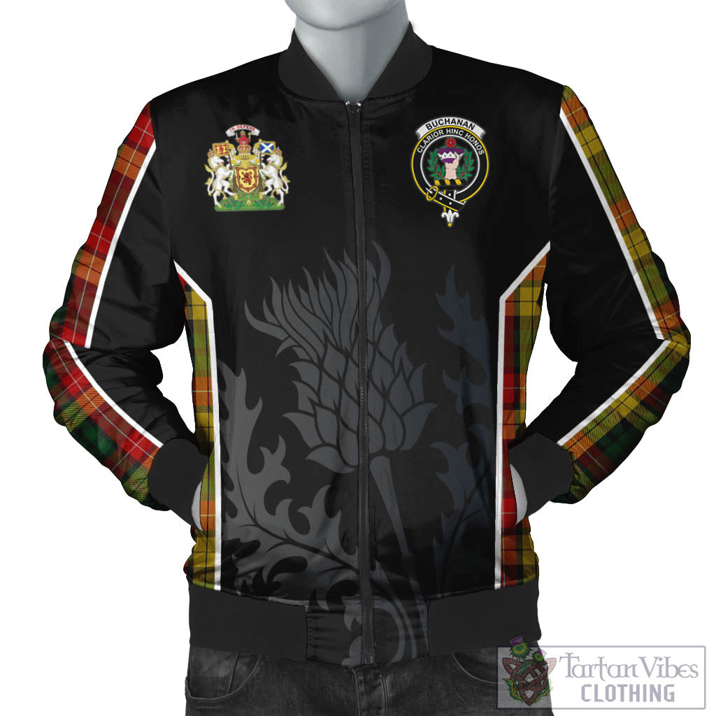 Tartan Vibes Clothing Buchanan Tartan Bomber Jacket with Family Crest and Scottish Thistle Vibes Sport Style