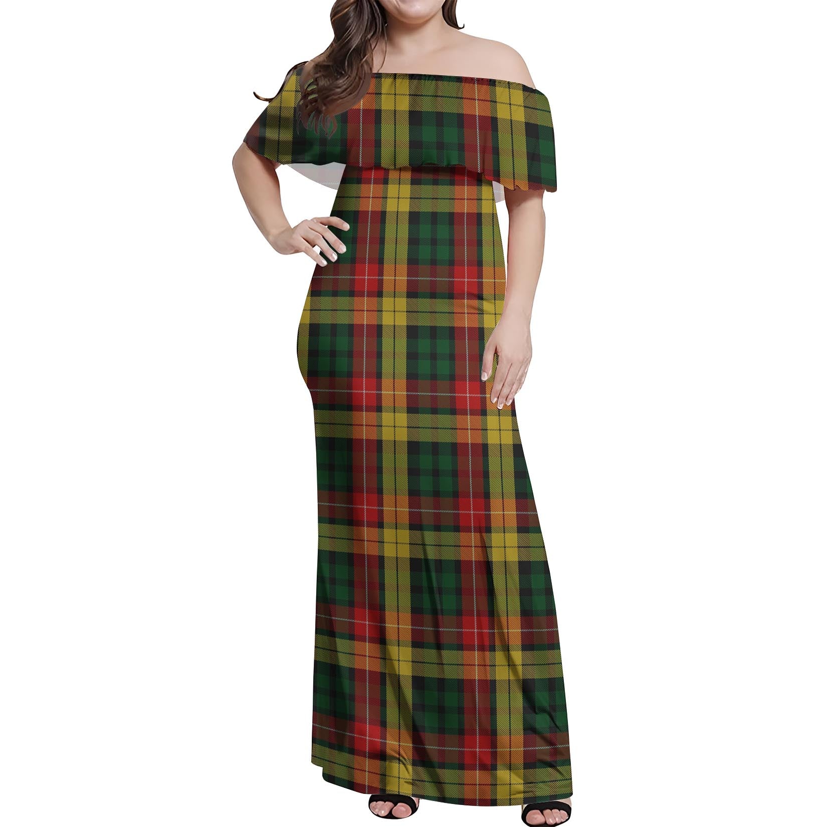 Buchanan Tartan Off Shoulder Long Dress Women's Dress - Tartanvibesclothing