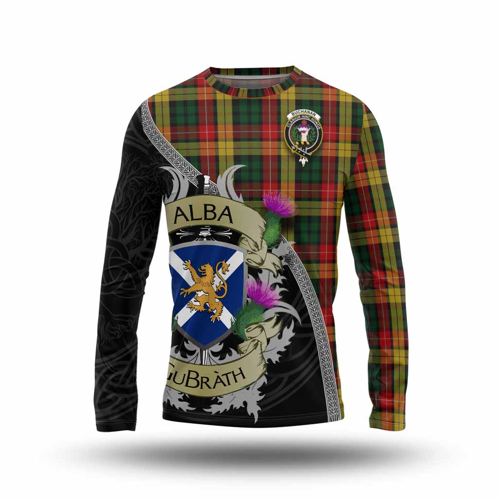 Tartan Vibes Clothing Buchanan Tartan Family Crest Long Sleeve T-Shirt Lion Rampant Royal Thistle Shield Celtic Inspired