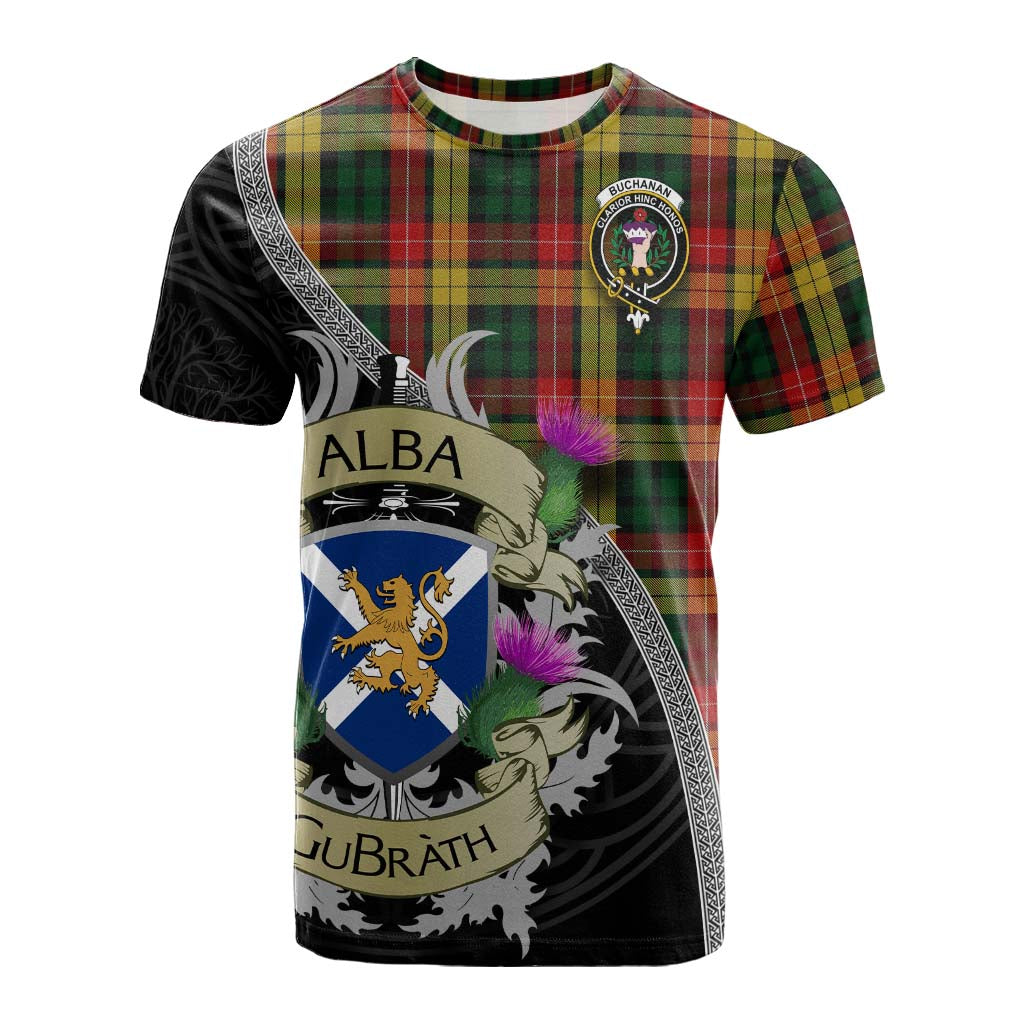 Tartan Vibes Clothing Buchanan Tartan Family Crest Cotton T-shirt Lion Rampant Royal Thistle Shield Celtic Inspired