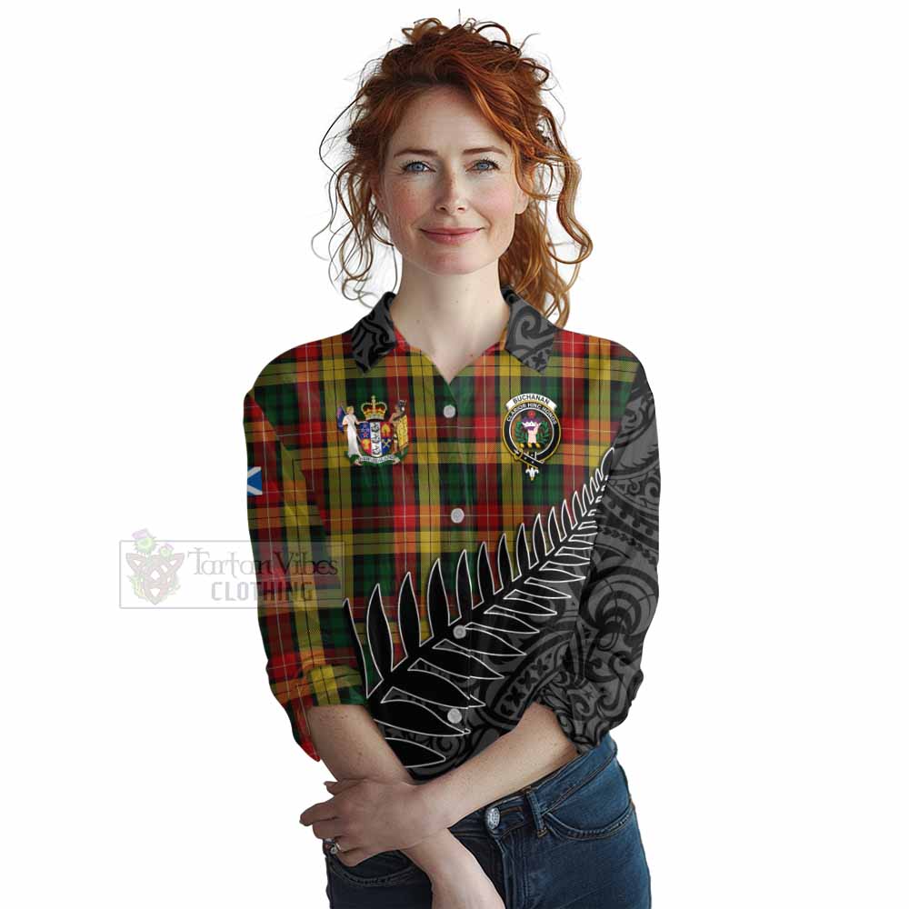 Tartan Vibes Clothing Buchanan Crest Tartan Women's Casual Shirt with New Zealand Silver Fern Half Style