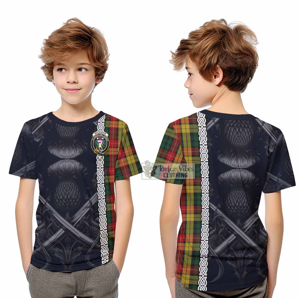 Tartan Vibes Clothing Buchanan Tartan Kid T-Shirt with Family Crest Cross Sword Thistle Celtic Vibes