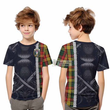 Tartan Vibes Clothing Buchanan Tartan Kid T-Shirt with Family Crest Cross Sword Thistle Celtic Vibes