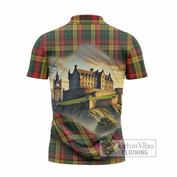 Buchanan Tartan Family Crest Zipper Polo Shirt with Scottish Ancient Castle Style