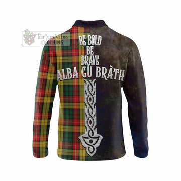 Buchanan Tartan Family Crest Long Sleeve Polo Shirt Alba Gu Brath Be Brave Lion Ancient Style