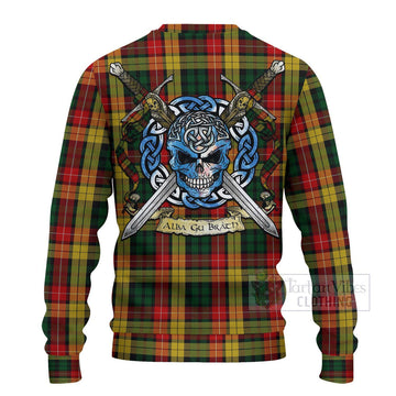 Tartan Vibes Clothing Buchanan Tartan Knitted Sweater with Family Crest Celtic Skull Style