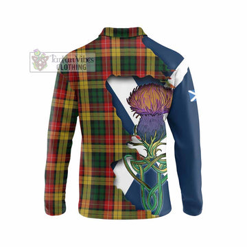 Tartan Vibes Clothing Buchanan Tartan Family Crest Long Sleeve Polo Shirt Scottish Thistle Celtic Inspired