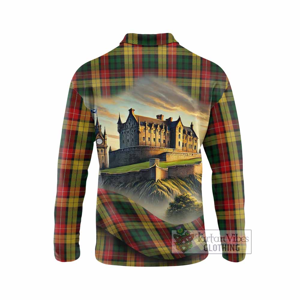 Tartan Vibes Clothing Buchanan Tartan Family Crest Long Sleeve Polo Shirt with Scottish Ancient Castle Style