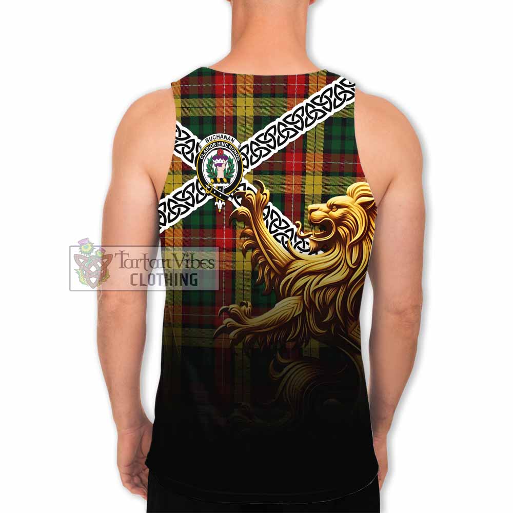 Tartan Vibes Clothing Buchanan Crest Tartan Men's Tank Top with Golden Lion Emblem Celtic Style