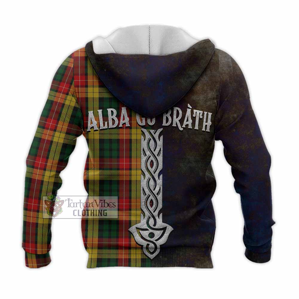 Tartan Vibes Clothing Buchanan Tartan Family Crest Knitted Hoodie Alba Gu Brath Be Brave Lion Ancient Style