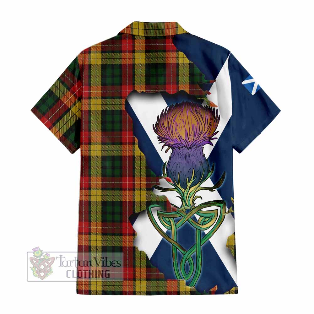 Tartan Vibes Clothing Buchanan Tartan Family Crest Short Sleeve Button Shirt Scottish Thistle Celtic Inspired