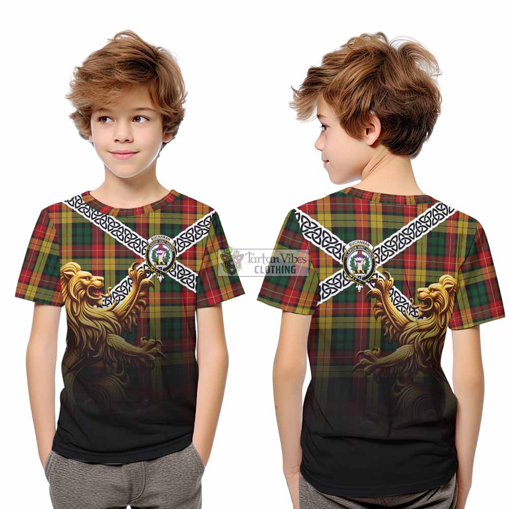 Tartan Vibes Clothing Buchanan Crest Tartan Kid T-Shirt with Golden Lion Emblem Celtic Style