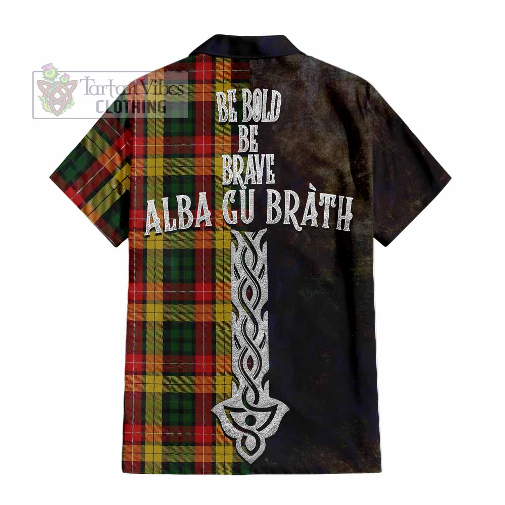 Tartan Vibes Clothing Buchanan Tartan Family Crest Short Sleeve Button Shirt Alba Gu Brath Be Brave Lion Ancient Style