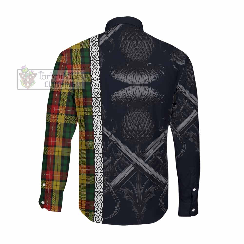 Tartan Vibes Clothing Buchanan Tartan Long Sleeve Button Shirt with Family Crest Cross Sword Thistle Celtic Vibes