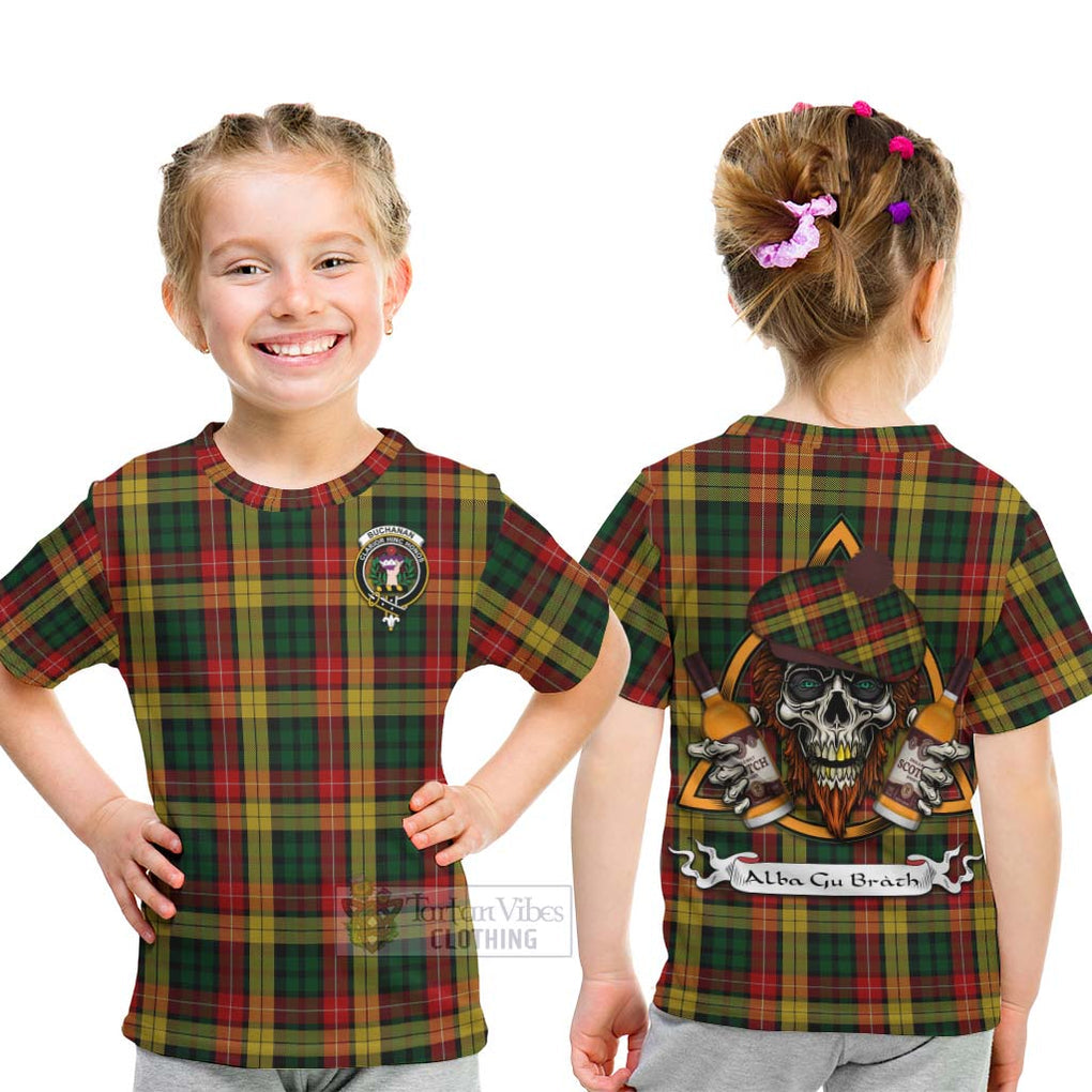 Tartan Vibes Clothing Buchanan Tartan Kid T-Shirt with Family Crest and Bearded Skull Holding Bottles of Whiskey