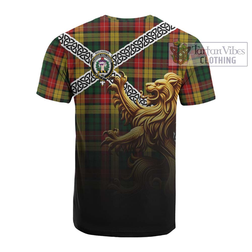 Tartan Vibes Clothing Buchanan Crest Tartan Cotton T-shirt with Golden Lion Emblem Celtic Style