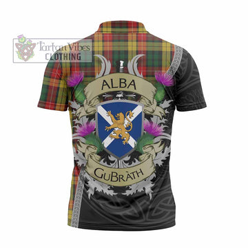 Buchanan Tartan Family Crest Zipper Polo Shirt Lion Rampant Royal Thistle Shield Celtic Inspired