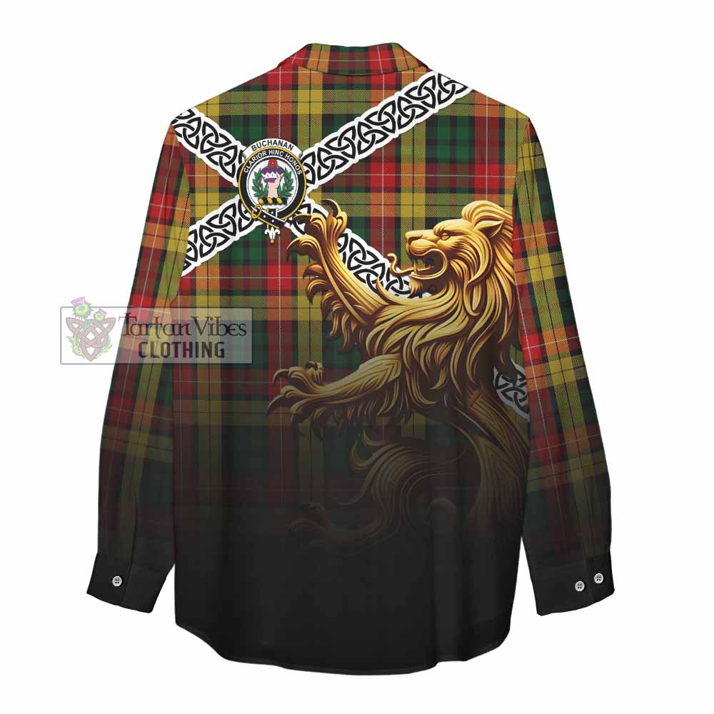 Tartan Vibes Clothing Buchanan Crest Tartan Women's Casual Shirt with Golden Lion Emblem Celtic Style