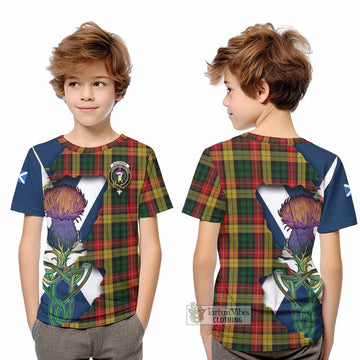 Tartan Vibes Clothing Buchanan Tartan Family Crest Kid T-Shirt Scottish Thistle Celtic Inspired