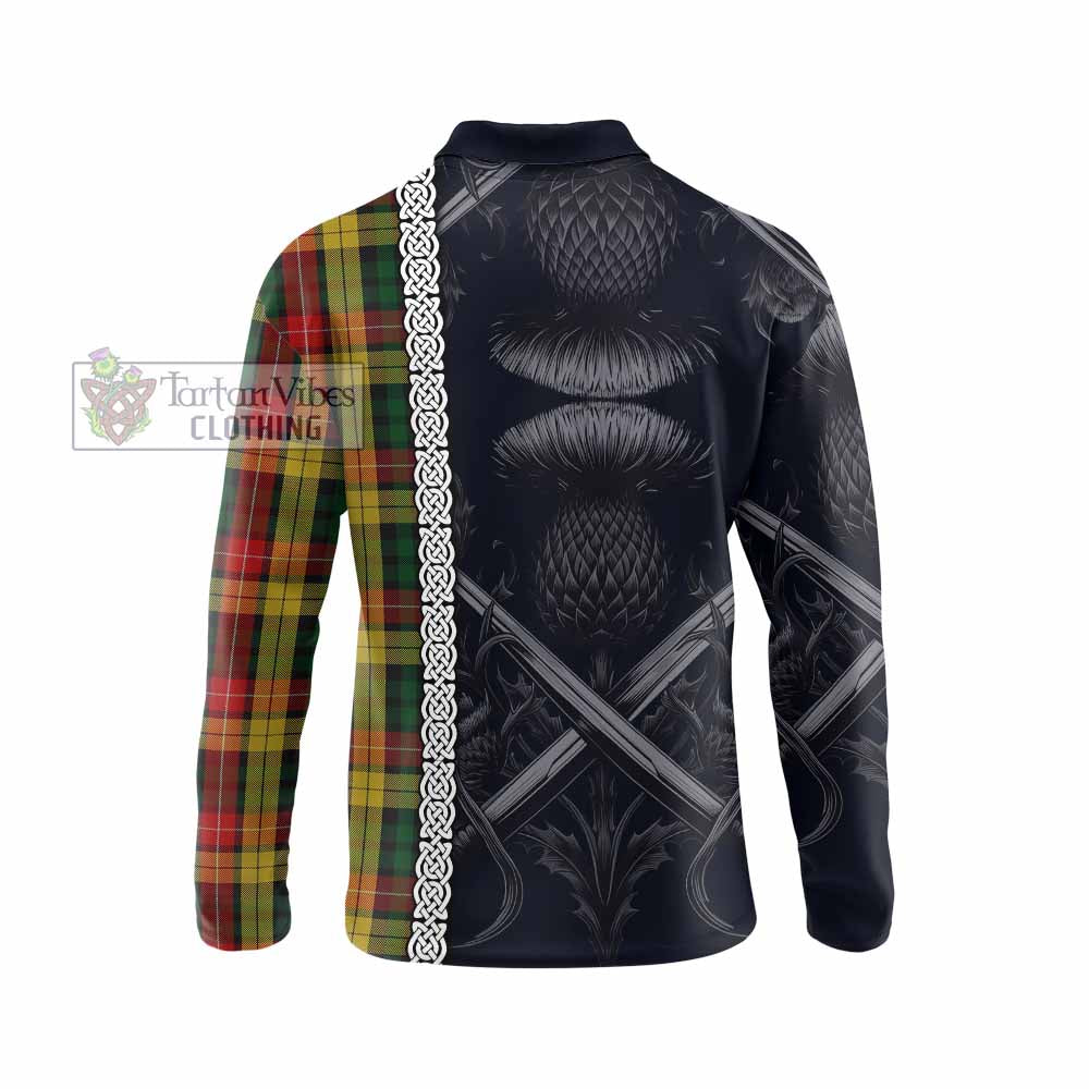 Tartan Vibes Clothing Buchanan Tartan Long Sleeve Polo Shirt with Family Crest Cross Sword Thistle Celtic Vibes