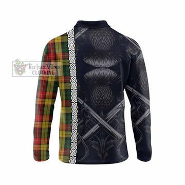 Tartan Vibes Clothing Buchanan Tartan Long Sleeve Polo Shirt with Family Crest Cross Sword Thistle Celtic Vibes